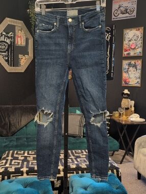 Free People Dark Blue Ripped Skinny Jeans